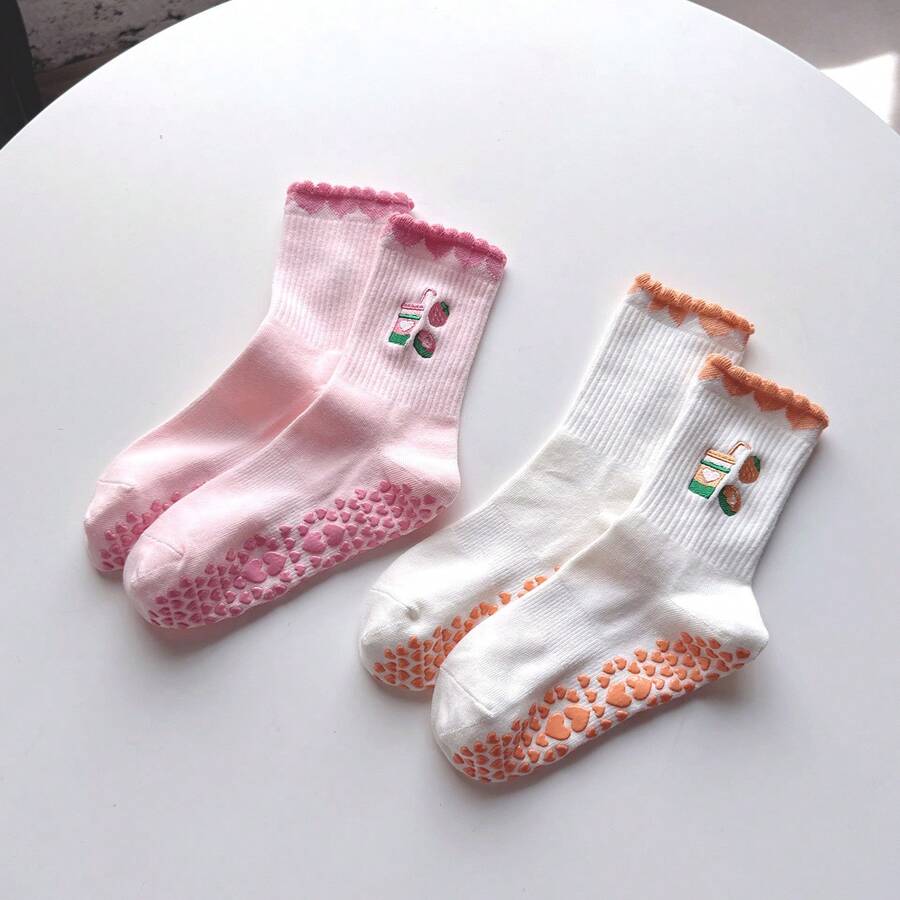 Embroidered Cartoon Milk Tea Yoga Socks For Women, Professional Non-Slip Pilates Mid-Calf Sports Fitness Floor Socks - Multicolor - View 1