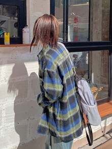 女款格紋長袖襯衫，初秋外套，寬鬆上衣 - 藍綠色 - 查看 10