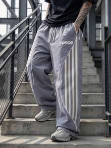 American Style Side Curved Stripe Wide Leg Sweatpants With Letter Print Drawstring Straight Leg Casual Long Pants For Men - Light Grey - View 1