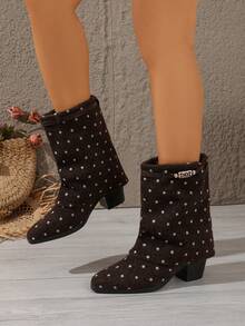 1 Pair Vintage Polka Dot Ruched Mid-Calf Boots, Thick Heel Slimming Versatile Women's Boots For Autumn/Winter - Brown - View 3