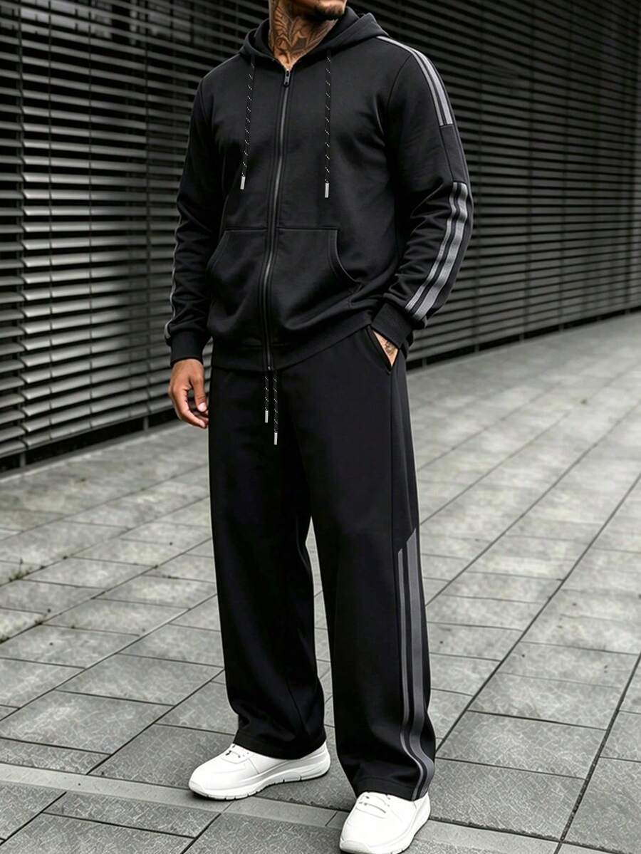 Men's Autumn/Winter Thermal Lined Hooded Sweatshirt & Loose Street Casual Sweatpants 2 Pieces Set - Black - View 1