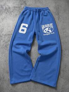 Men's Loose Fit Sports Sweatpants, Printed Casual Joggers, Streetwear Letter Design, Comfortable Versatile Slimming Long Pants - Blue - View 5