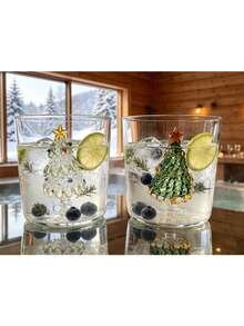 3D Christmas Tree Glass Cups, 2 Packs Clear Drinking Glass Tumblers, Festive Xmas Decor Glassware For Cocktail, Juice, Beverage, Christmas Gift For Home Party. - White + Green - View 1