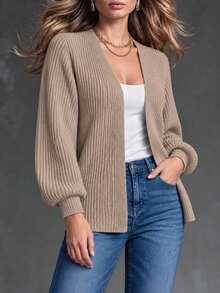Stylish Plus Size Knitted Cardigan For Women With A Comfortable Drop Shoulder Design And Regular Length For Everyday Casual Winter Outfits. - Camel - View 3