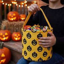 1pc Halloween Trick Or Treat Candy Bucket, Pumpkin Pattern Printed Handheld Basket, Party Candy Storage Bucket, Yellow Pumpkin Smiling Face Halloween Candy Basket, Handheld Trick Or Treat Bucket, Party Prop Gift Storage Handbag - Multicolor - View 7