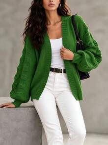 Plus Size Women's Green Cardigan, Long Sleeve Knit Fabric, Dropped Shoulder Design, Regular Length, Fashion Ribbed Knit - Green - View 5