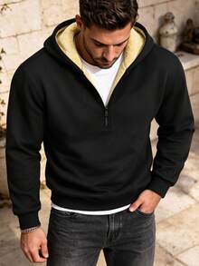 Men's Autumn/Winter Casual Minimalist Versatile Thermal Lined Half-Zip Sweatshirt, Suitable For Daily Commute And Travel - Black - View 2