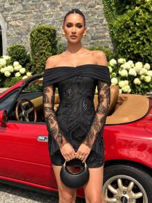 UNITHORSE Women's Off-Shoulder Pleated Long Sleeve Sequin Beaded Sheer Fitted Dress - Black - View 5