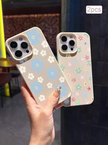 2件小花圖案荔枝紋防摔手機保護殼 TPU材質，適合作為節日禮物，中性款，相容於 Apple XS/XS Max/XR/11/12/13/14/15/16/17 Pro/Pro Max/14/15/16/17 Plus - 彩色 - 查看 2