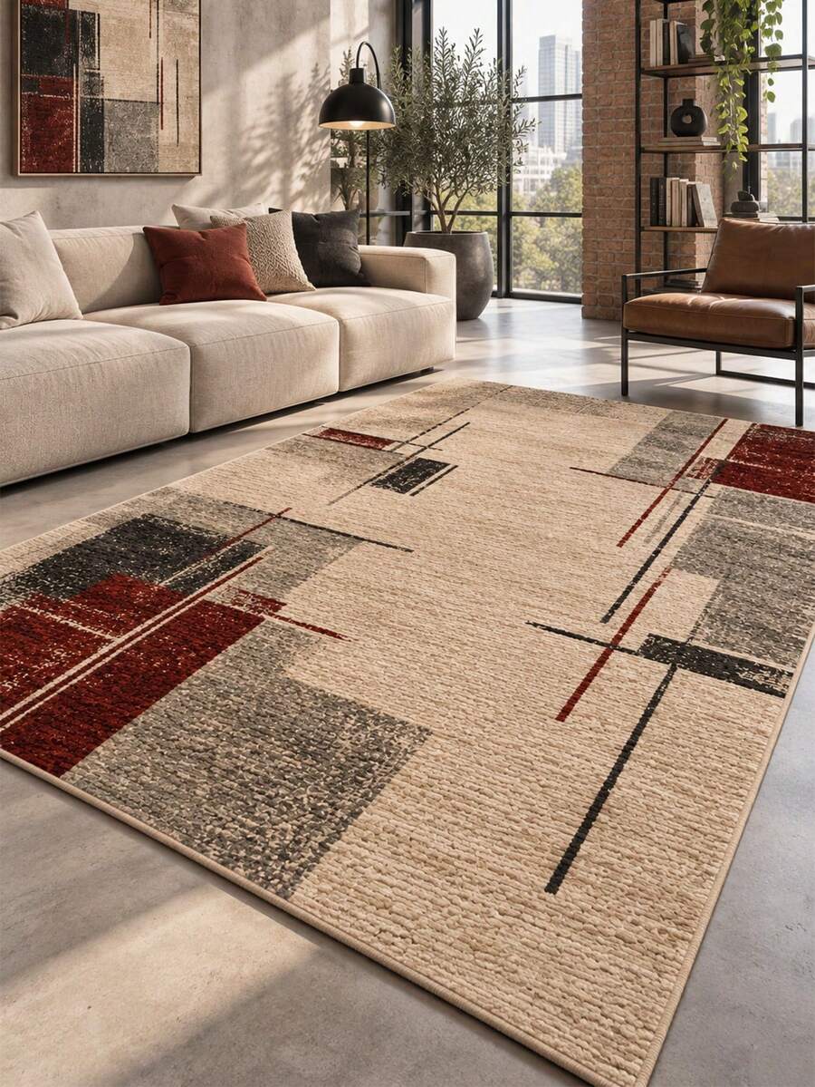 Pinkie Home - 1pc Scandinavian Style Modern, Minimalist, Geometric Pattern, Distressed Look Area Rug/Carpet/Bath Mat, Suitable For Bathroom, Kitchen, Entryway, Hallway, Bedside, Living Room, Bedroom, Machine Washable Rug, Home Decor - Mocha Brown - View 1