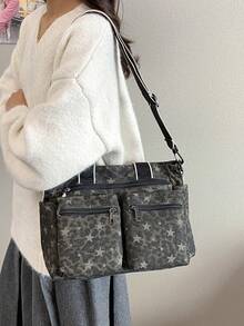 New Women's Tote Bag, Canvas Material With Leopard Print And Star Pattern, Shoulder, Crossbody, Hand-Carry, Multiple Carrying Ways For Daily Outings, Shopping And Commuting - Black - View 5