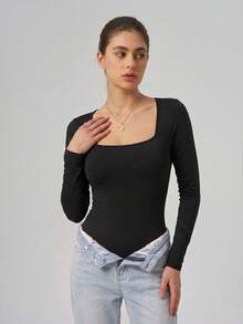 Women's Square Neck Slim Fit Jumpsuit, Solid Color, Slimming Design, Suitable For Outings, Sports, Home Leisure And Daily Wear - Black - View 2