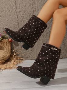 1 Pair Vintage Polka Dot Ruched Mid-Calf Boots, Thick Heel Slimming Versatile Women's Boots For Autumn/Winter - Brown - View 1