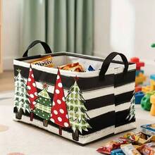 1pc Black White Stripe Christmas Tree Print Foldable Rectangular Fabric Storage Basket With Handles, Clothes Organizer - Multicolor - View 5