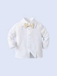 BOARNSEORL 3 件套男婴绅士服装套装：长袖白衬衫配领结、背心和裤子，适合生日派对、婚礼、满月/周岁庆祝 - 杏色 - 查看 6