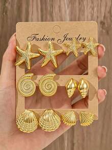 2/12pcs Shell, Starfish, Conch Lightweight Fashionable Personalized Summer Beach Style Gold Earrings Studs, Suitable For Beach Vacation, Summer Travel And Daily Wear - Gold - View 1