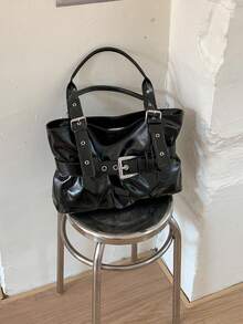 New Fashionable PU Women's Shoulder Tote Bag With Buckle Strap Accents-Large-Capacity Handbag With Pleated Design, And Cool - Black - View 7