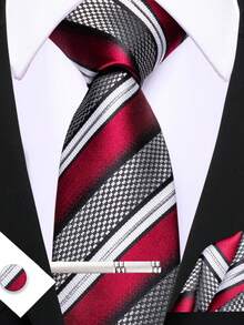 Men's Burgundy Plaid & Striped Tie Set With Pocket Square, Cufflinks And Silver Tie Clip, Business Wedding Formal Commute Gift - Burgundy - View 1