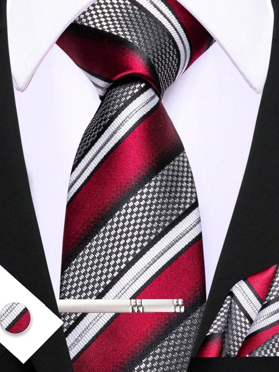 Men's Burgundy Plaid & Striped Tie Set With Pocket Square, Cufflinks And Silver Tie Clip, Business Wedding Formal Commute Gift - Burgundy - View 1