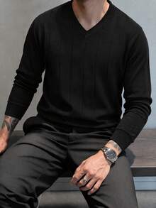 Men's V-Neck Ribbed Knit Sweater, Black Solid Color, Slim Fit, Long Sleeve, Autumn/Winter Pullover, Layering Casual Base Layer - Black - View 7