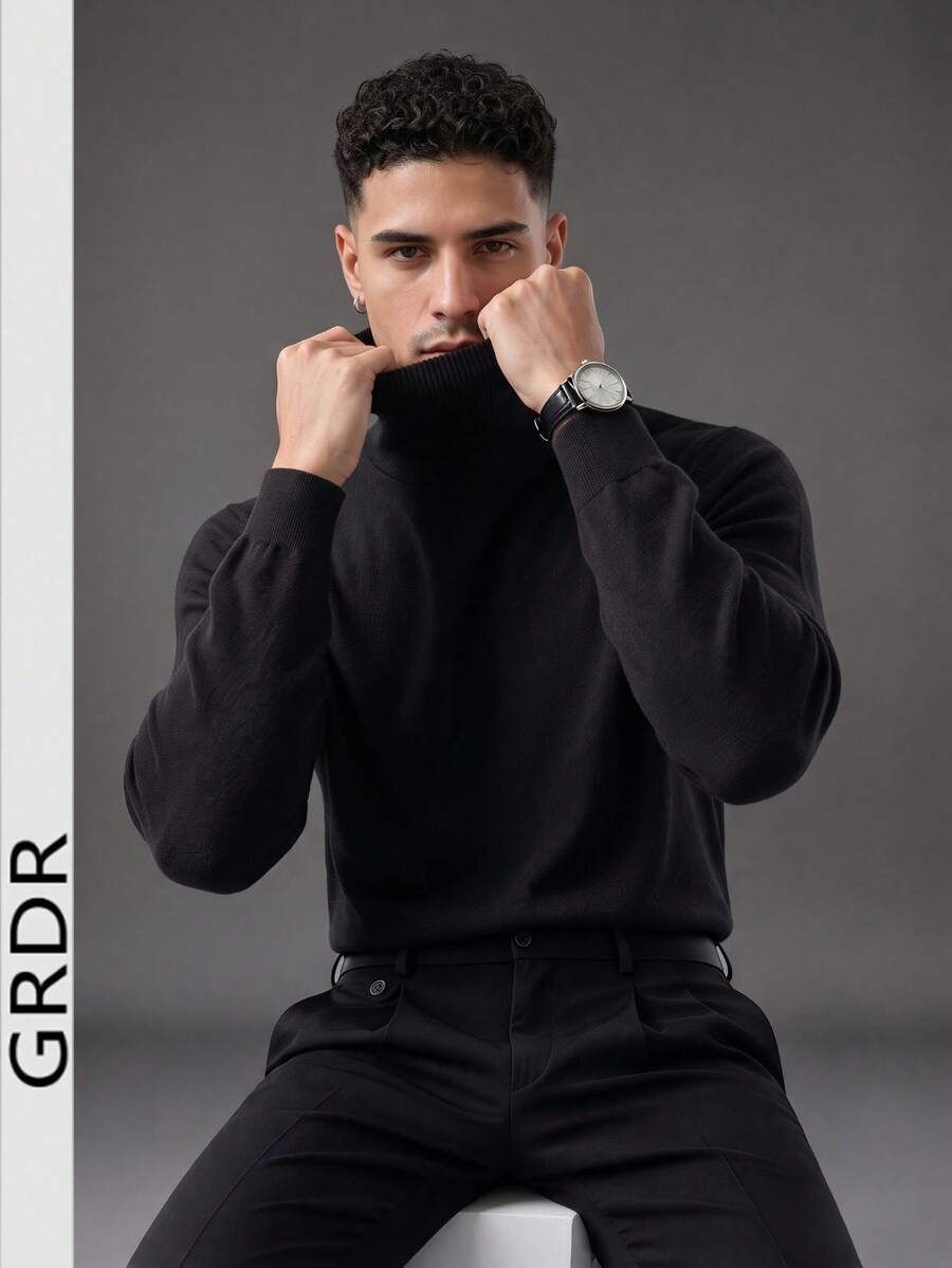 GRDR Men's High Neck Minimalist Fashion Comfortable Wool Material Knitted Sweater - Versatile Casual Everyday Wear - Black - View 1