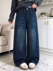 Tween Girls 8-12 Years Old Blue Denim Jeans, Spring Summer Autumn Winter New Fashion Vintage Butterfly Embroidery Washed Loose Straight Leg Wide Leg Long Casual Pants - Blue - View 1