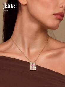 Hihho 1pc European & American Style Gold-Tone Full Rhinestone Square Plate Collarbone Necklace With Turquoise Heart Pendant, Casual Vacation Outfit Jewelry - Gold - View 5