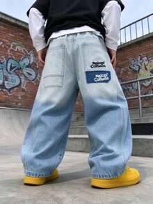Celana Jeans Denim Anak Laki-laki Model Longgar dengan Bordir Huruf Gradien, Potongan Lurus dan Lebar, Cocok untuk Semua Musim Gugur dan Semi, Sesuai untuk Kembali ke Sekolah, Pakaian Sehari-hari, dan Aktivitas Kasual di Luar Ruangan. - Baby Blue - View 3