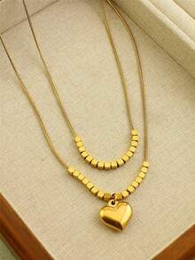 Double-Layer Smooth Sixteen-Bead Heart Necklace - Gold - View 2