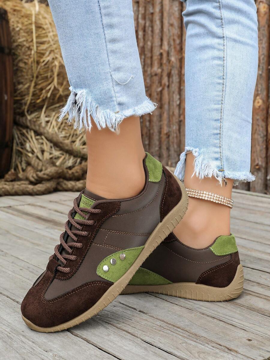 女款拼色休閒運動鞋,繫帶設計,輕量薄底,軟底適合日常行走,舒適時尚百搭 - 咖啡棕 - 查看 1