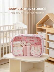 Pink Bow Print Clear Window Storage Pouch, Zipper Portable Nursery Organizer Bag, Waterproof Lightweight Case For Baby Garments & Small Supplies - Multicolor - View 2