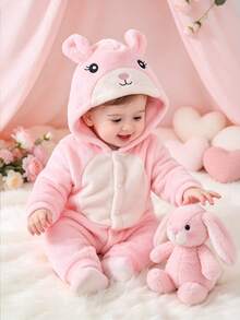 Newborn Baby Girl Autumn/Winter Cute Cartoon Rabbit Embroidered Flannel Long Sleeve Hooded Jumpsuit - Pink - View 1