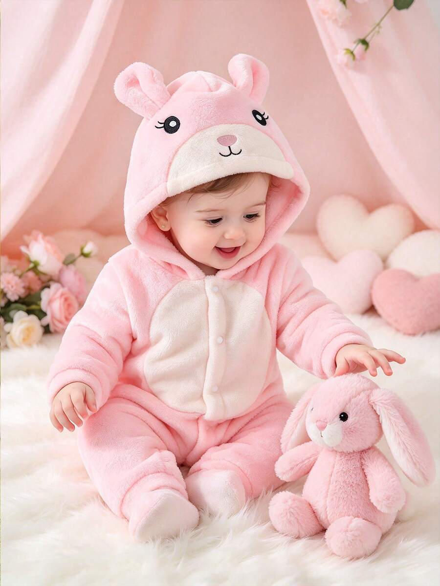 Newborn Baby Girl Autumn/Winter Cute Cartoon Rabbit Embroidered Flannel Long Sleeve Hooded Jumpsuit - Pink - View 1