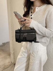 1件時尚女款斜挎包，純色方形手提包，方盒包，PU皮革編織紋理布料，拉鍊開合，可調節肩帶，休閒日常包，適合年輕女性－旅行、工作、購物、約會、禮物、辦公室 - 黑色 - 查看 3