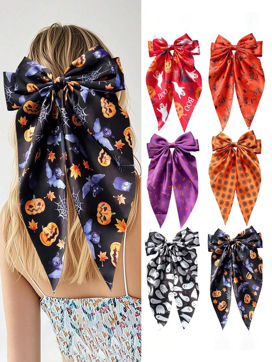 1pc Halloween Accessory Ghost Spider Flowing Ribbon Spring Clip With Embossed Bow Ribbon Print Personalized Party Costume Accessory Wearable Triangle Scarf Headpiece For Back Of Head