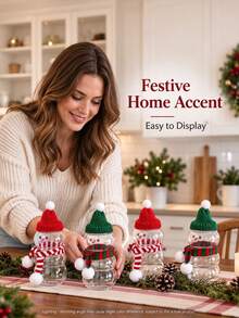 12pcs Christmas Snowman DIY Container Set, Includes 4 Clear Snowman Shaped Jars, 4 Knitted Pom Pom Hats And 4 Striped Scarves, Holiday Snack Storage Containers, Suitable For Christmas Table Decor, Holiday Party Favors And Gift Supplies - Multicolor - View 5