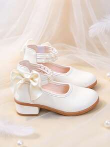 Girls' White Princess Dress Shoes With Pearl Bow, Double Strap Pearl Hook And Loop Design, High Heel Shoes For Stage, Banquet, Performance, Wedding Flower Girl - White - View 3