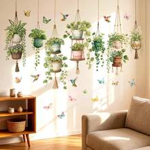 1Set Hanging Potted Plant Hummingbirds Wall Stickers Watercolor Botanical Wildflower Butterflies Wall Decals Living Room Bedroom - Flower - View 3
