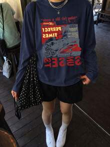 時尚女款星星與字母印花長袖寬鬆街頭風上衣，適合秋季穿著 - 藏青色 - 查看 4
