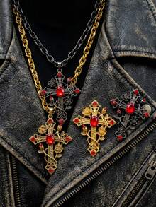 2PCS Dark Gothic Rose Vine Cross Pendant Necklace & Brooch Set For Women Vampire Core Ruby Red Rhinestone Filigree Jewelry Y2K Alt Accessories - Black - View 11