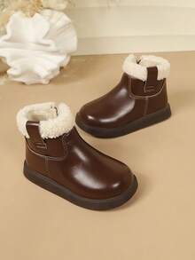Girls' Autumn/Winter Fleece-Lined Ankle Boots, Brown Glossy Boot Body, Cream White Faux Fur Trim Around The Collar For Warmth, Inner Zipper For Easy On/Off, Thick Non-Slip Sole, Round Toe For Foot Protection, Versatile Winter Boots For Girls - Burgundy - View 1