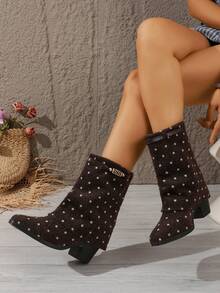 1 Pair Vintage Polka Dot Ruched Mid-Calf Boots, Thick Heel Slimming Versatile Women's Boots For Autumn/Winter - Brown - View 2