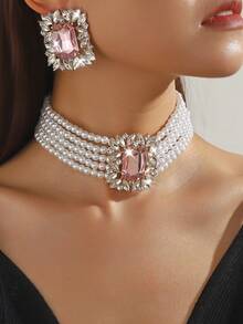 1 Pc Women's Luxury Fashion Geometric Square Fuchsia, Green, White, Black Crystal Faux Pearl Necklace & 1 Pair Matching Geometric Square Fuchsia, Green, White, Black Crystal Faux Pearl Earrings, Two Pieces Set, Suitable For Evening Gown And Daily Wear - Multi-layer Pearl Large Rectangular Crystal Two-piece Set - View 21