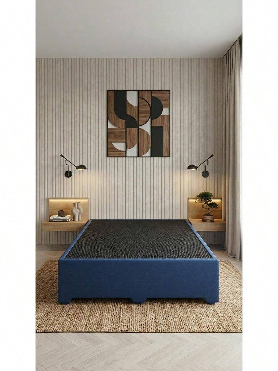 Base Cama Box Spring Tapizada en Tela Lino Azul, Estructura de Madera de Pino, Altura 26 cm, Diseño Moderno Minimalista, Matrimonial 190 * 100 cm, Fácil Ensamble