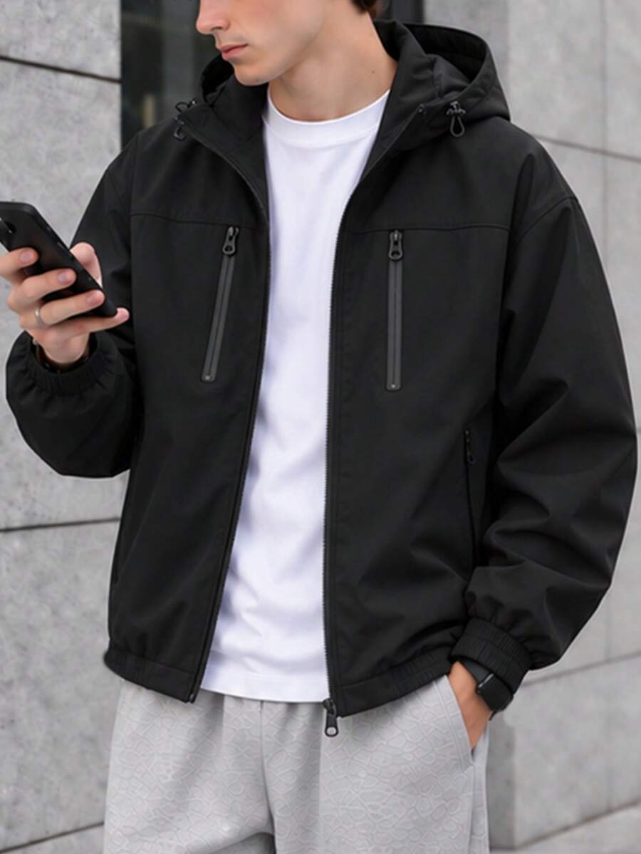 Men's Plus Size Hooded Jacket With Panel Design, Perfect For Casual Autumn/Winter Outings And Leisure Wear - Black - View 1