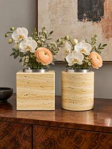 1pc/2Pcs Contemporary Style Assorted Shape Vase Set, Hole Textured & Rim Detail, Floral Display Vase, Desktop Ornament For Apartment, Thanksgiving & New Year Home Styling - Yellow Hole Stone - View 1