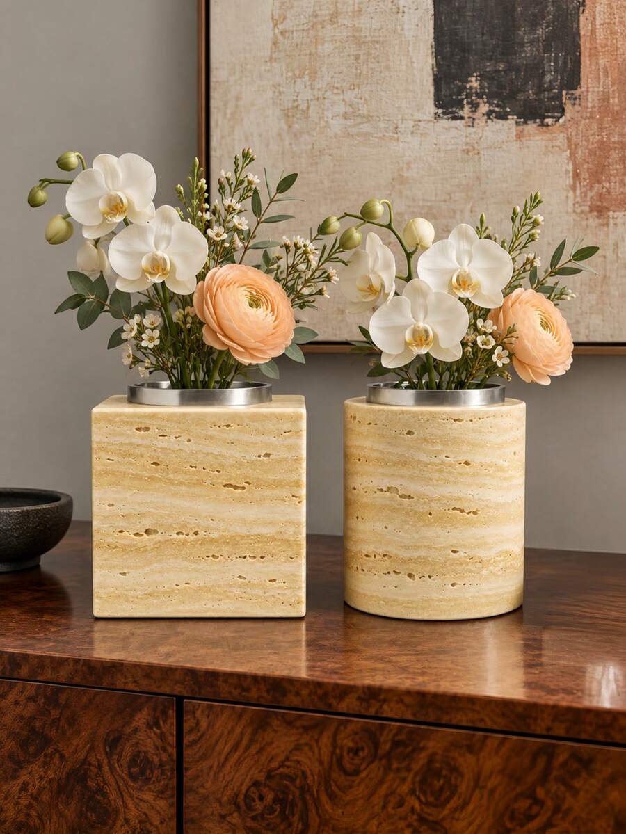 1pc/2Pcs Contemporary Style Assorted Shape Vase Set, Hole Textured & Rim Detail, Floral Display Vase, Desktop Ornament For Apartment, Thanksgiving & New Year Home Styling - Yellow Hole Stone - View 1