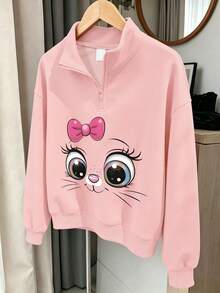 2pcs/Set Girls Half-Zip Polo Collar Sweatshirt With Cute Cartoon Print, Paired With Simple Casual Cargo Pants, Comfortable Autumn/Winter Outfit - Pink - View 4