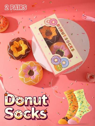 2 Pairs Novelty Colorful Cute Donut Socks - Whimsical Food-Inspired Creative Surprise Gift Socks, Quirky Prank Pattern Unisex Mid-Calf Socks, Thick Autumn/Winter Sports Socks, High Elasticity Comfortable, Suitable For All Seasons, Knitted Fabric, Can Be Used As Birthday/Thanksgiving/Halloween/Christmas Gifts/Various Holiday Gifts/Party Supplies And Family Day Gathering Gifts, Suitable For Casual Home Sports Outings Parties, Perfect Christmas Gift And Perfect Birthday Gift