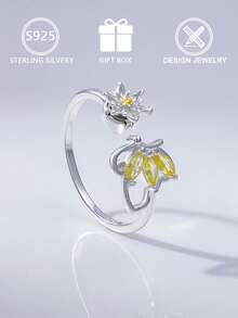S925 Sterling Silver Bee And Flower Rotating Ring, Featuring Yellow Cubic Zirconia Design. This Open Ring Has A Rotating Design With Insect And Daisy Motifs - Silver - View 4